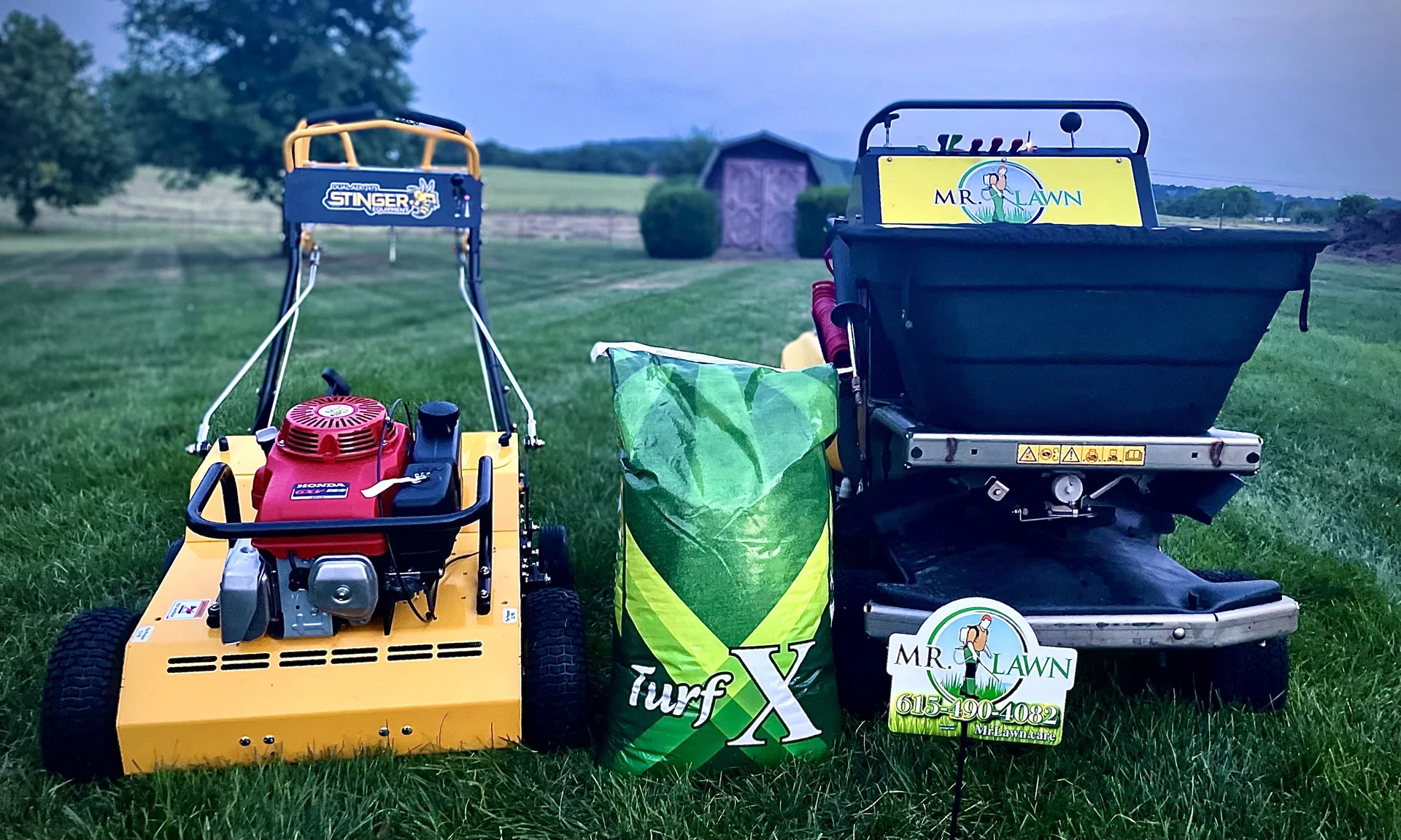 Aerator bag of fescue seed and Z-Spray spreader sprayer for aeration and seeding service — Mr. Lawn Care