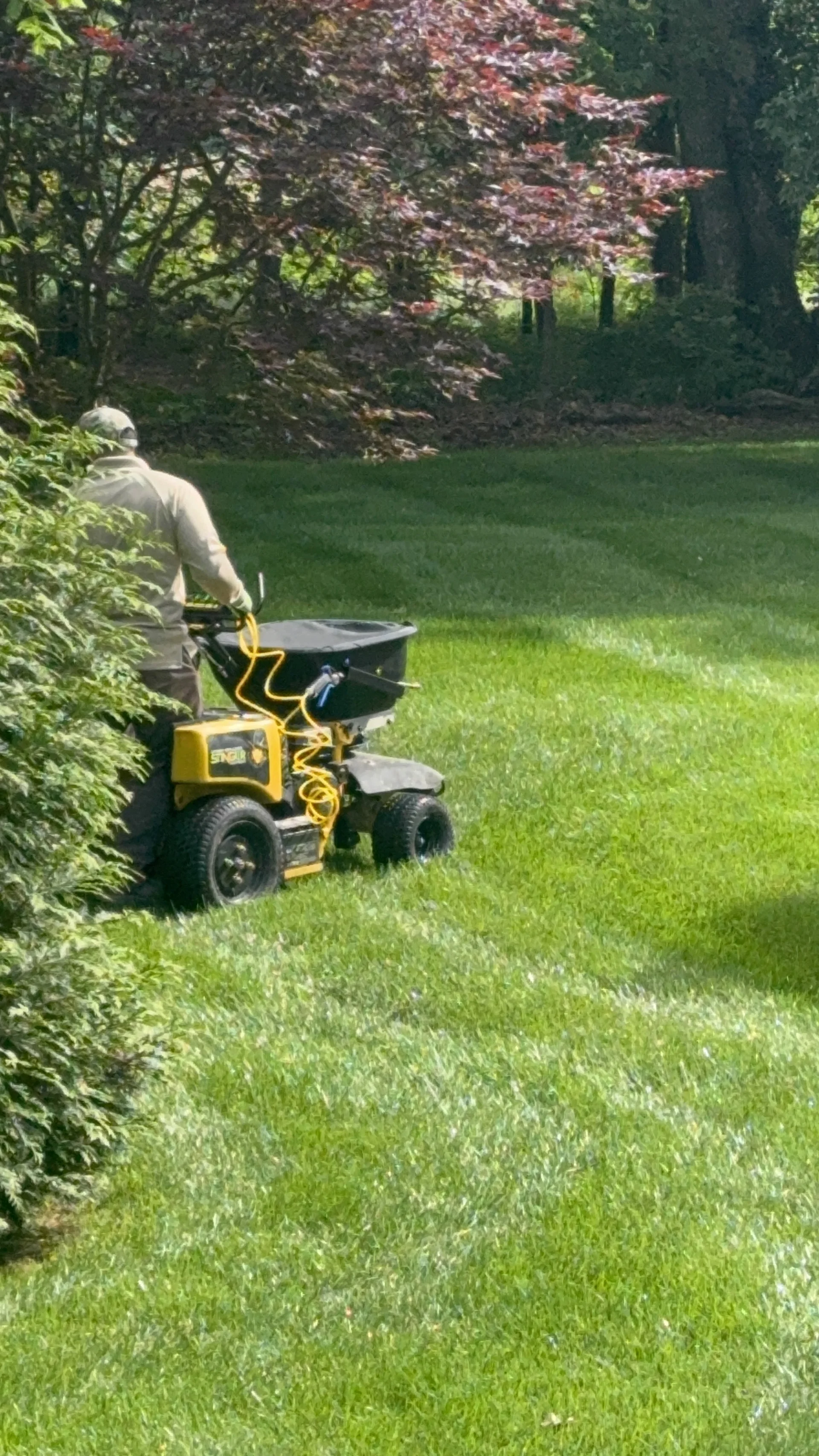 One of Our Horticulturists Apllying an Application to a Beautiful Fescue Lawn with the Stinger Gateway Applicator Zoomed in — Mr. Lawn Care, Middle Tennessee lawn treatment