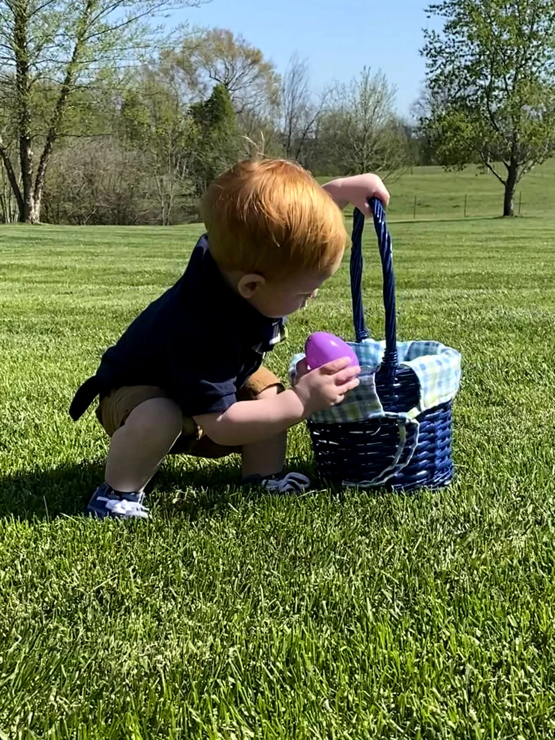 Little boy Easter egg hunt on fescue lawn second angle — healthy family-friendly lawn Middle Tennessee